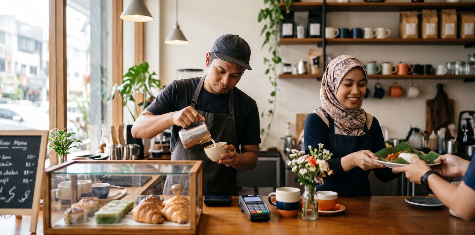 Barista using a tablet behind a cafe counter
