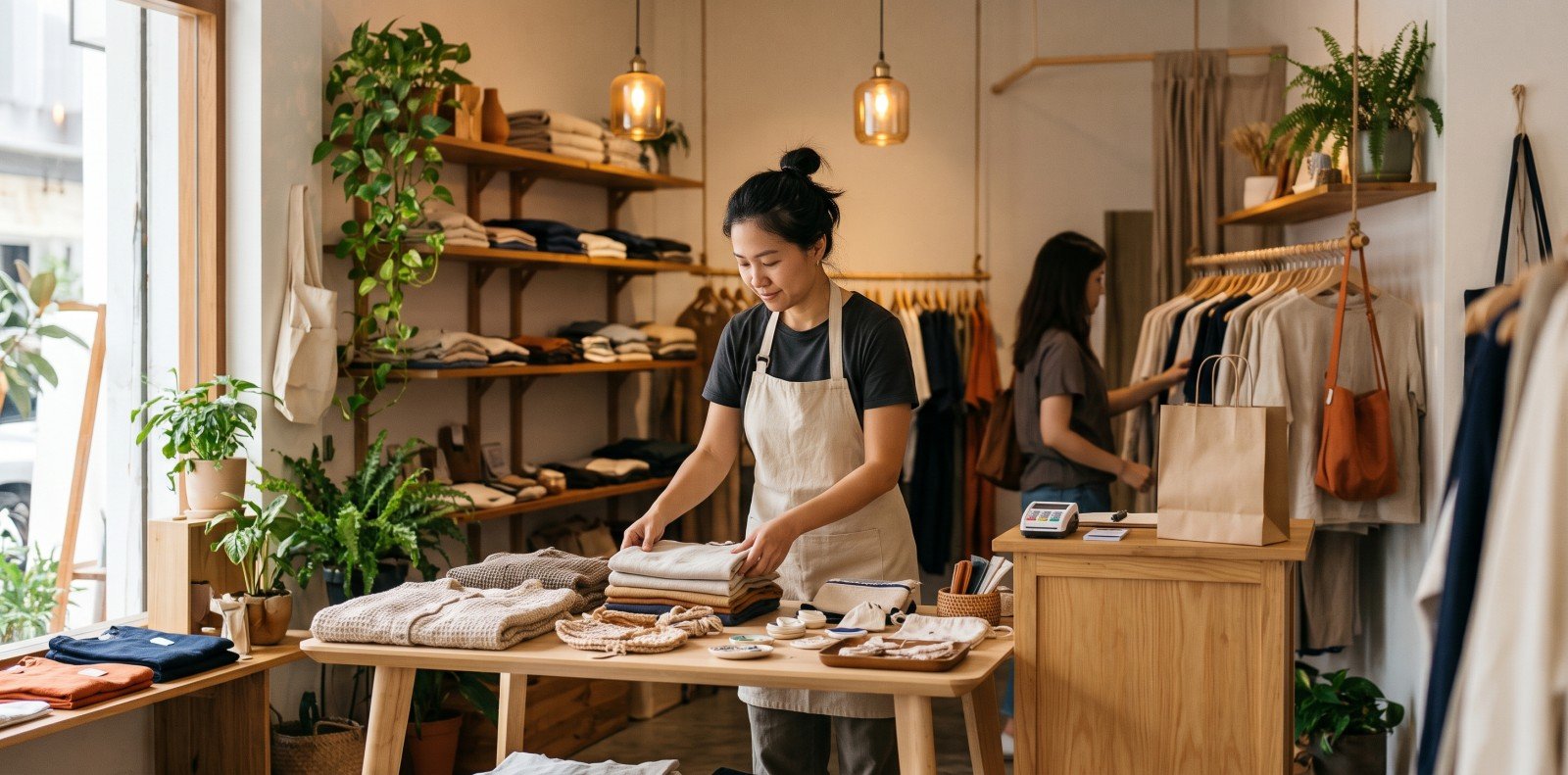 Small retail shop with plants and clothes racks