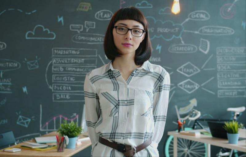 Person standing in front of a chalkboard covered in business strategy diagrams