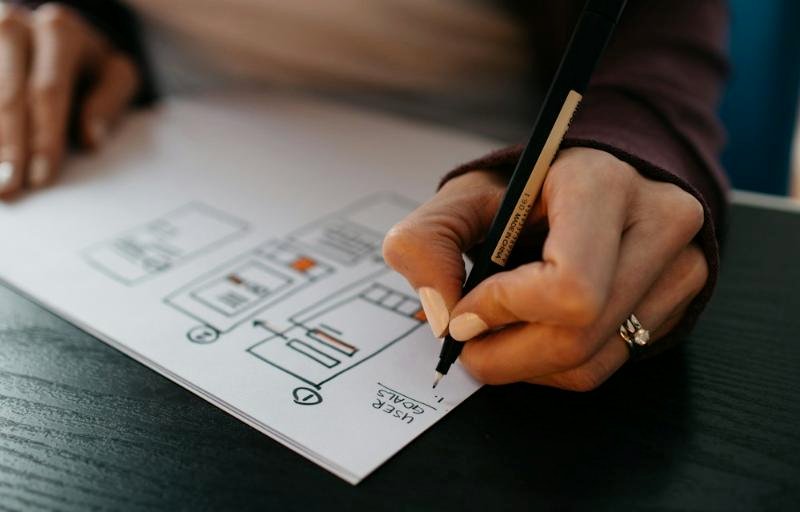 Hand sketching a website wireframe on paper